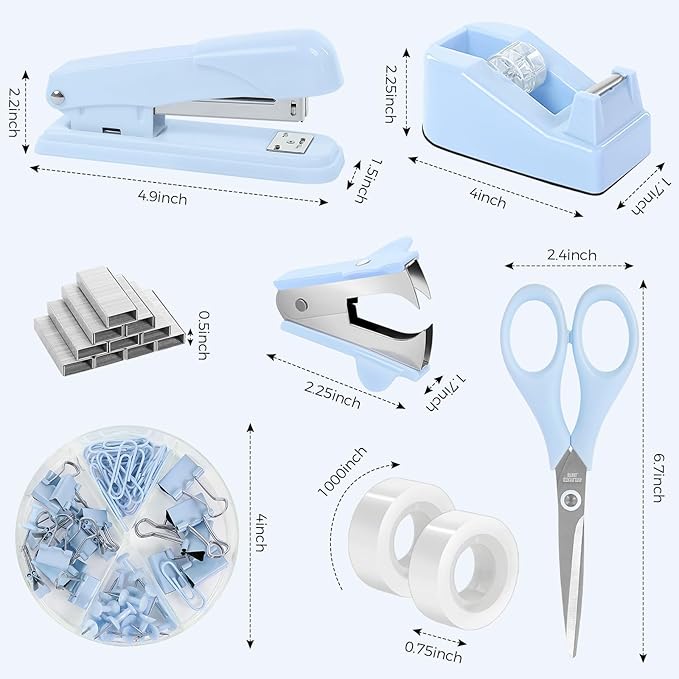 SKYDUE Blue Office Desk Accessories, Blue Office Supplies, Stapler, Tape Dispenser, Scissors, Clips and 1000pcs Staples,Desk Supplies for Women