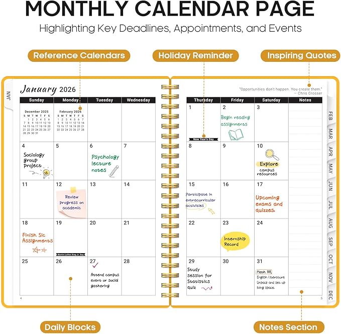 2026 Planner, Weekly and Monthly Calender Planner, Jan 2026 to Dec 2026, Hardcover 2026 Calendar Planner Book with Tabs & Inner Pocket, Office Home School Supplies for Women & Men - A5 (6.3" x 8.5"), Yellow