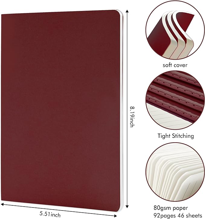 16 Pack Soft Cover Journal Bulk, Feela Lined Notebooks College Ruled for Work for Women Girl Writing, Blank Travel Journal Note Taking Notebook School Business Supplies, 8.2” x 5.5”, A5, Wine