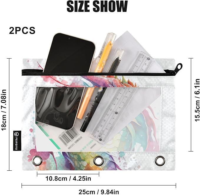 Watercolor Dragon Pencil Pouch for 3 Ring Binder, 2 Pack Waterproof Pencil Bags Clear Window Zipper School Office Supplies