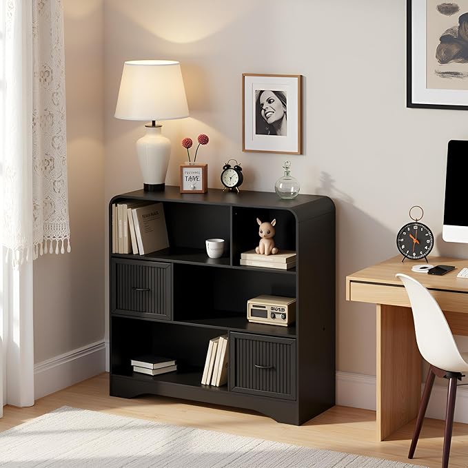 6 Cube Storage Organizer, 48" Wide Cube Storage Organizer w/Adjustable 2 Bins Storage, Modern Wooden Bookshelves and Bookcase w/Drawers, Large Bookshelf w/Open Display Shelves for Living Room, Black