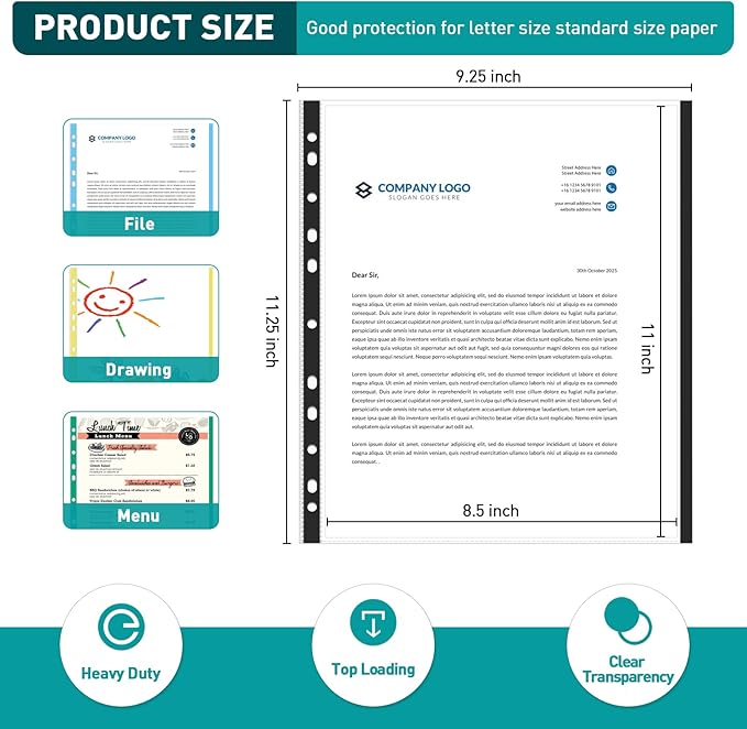 Sheet Protectors, PANDRI 500 Pack Color Heavy Duty Plastic Page Protectors Sheet Reinforced 11-Hole Fit for 3 Ring Binder Fits Standard 8.5 x 11 Paper, 9.25 x 11.25 Top Loaded, Excluding Acid