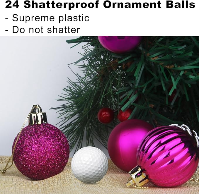Fuchsia 2.5" Christmas Balls Christmas Tree Decoration Ornaments Shatterproof Hanging Balls for Birthday Halloween Holiday Wedding Decorations Set of 24pcs