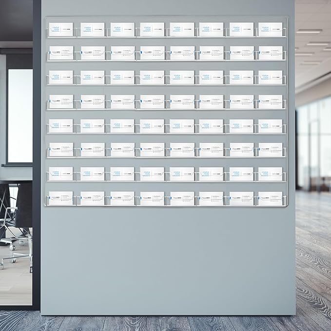 Hillban Acrylic Business Card Holder Wall Mount Clear Sticker Display Rack Multiple Card Holders Clear Acrylic Organizing Sticker Display Stand Pre Drilled(64 Pockets)