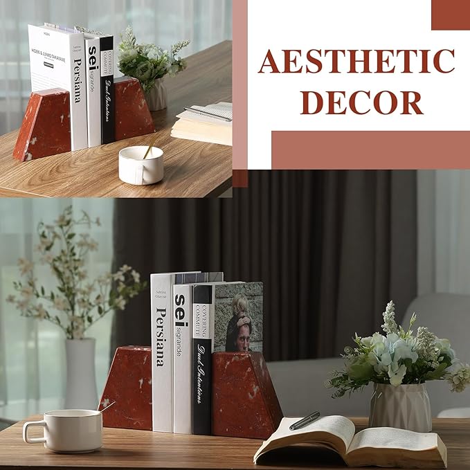 Koville Marble Bookends for Shelves, Large Bookends for Heavy Books, Non-Slip Heavy Duty Book Stopper for CD/Movies, Aesthetic Decorative Book Ends for Bookshelf Table Home Decor(Red)