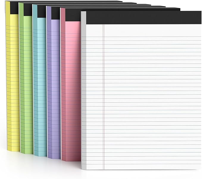 6 Pack Colored Legal Pads 8.5 x 11 College Ruled Paper Note Pads Narrow Ruled 50 Sheets per Notepad Perforated Writing Pad Durable Sturdy Back 8x11 Pads of Paper Pink Purple Blue Green White Yellow