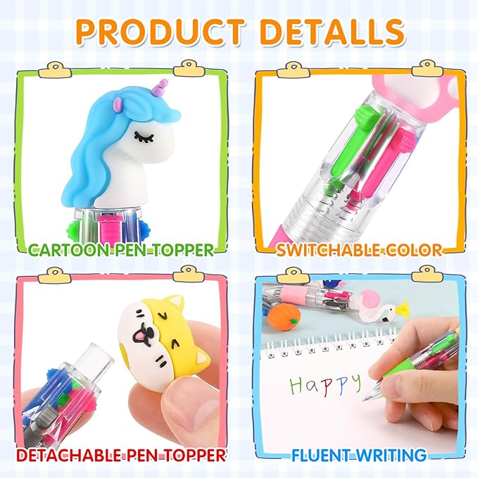 arscniek 100Pcs Multicolor Pen in One, 4-in-1 0.5mm Fine Point Cute Pens, Fun Kawaii Ballpoint Pen for Party Favors, Classroom Prizes, Teacher School Supplies, Bulk Gifts for Students