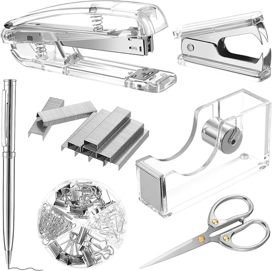 Office Supplies Set Desk Accessory Kit, Acrylic Stapler Set Staple Remover, Tape Dispenser, Binder Clips, Paper Clips, Ballpoint Pen and Scissor with 1000 Pieces 26/6 Staples (Silver)