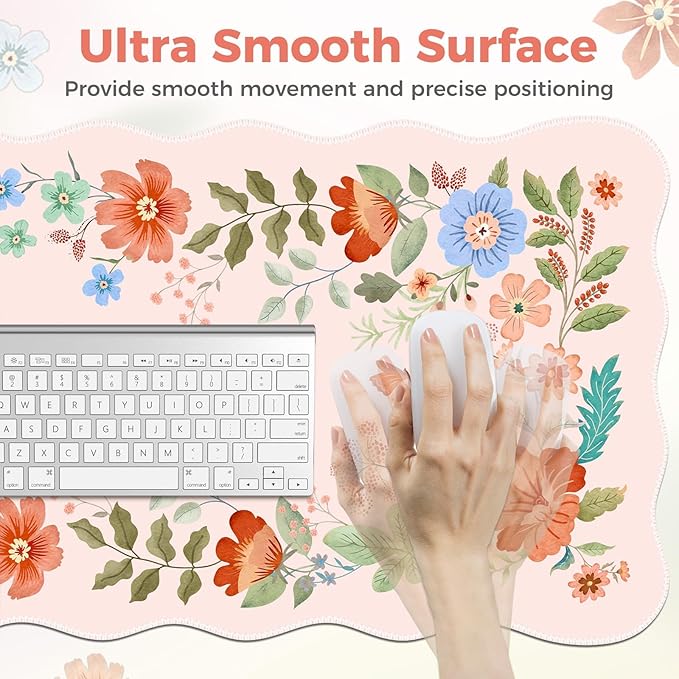 Pink Desk Cover Mat, Ergonomic Mouse Pad with Wrist Support, Girly Aesthetic Office Stuff, Scalloped Floral Desk Protector for Office Must-Haves, Work