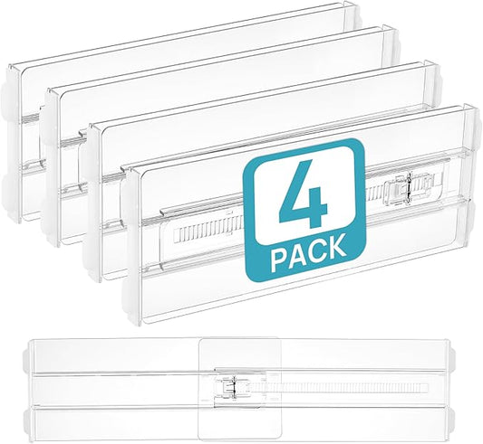 Vtopmart 4 Pack Drawer Dividers for Clothes, 4" High 10.2"-16.5" Adjustable Expandable Dresser Drawer Organizer, Clear Plastic Separators for Dresser, Baby Clothing, Underwear, Cosmetic, Toiletries