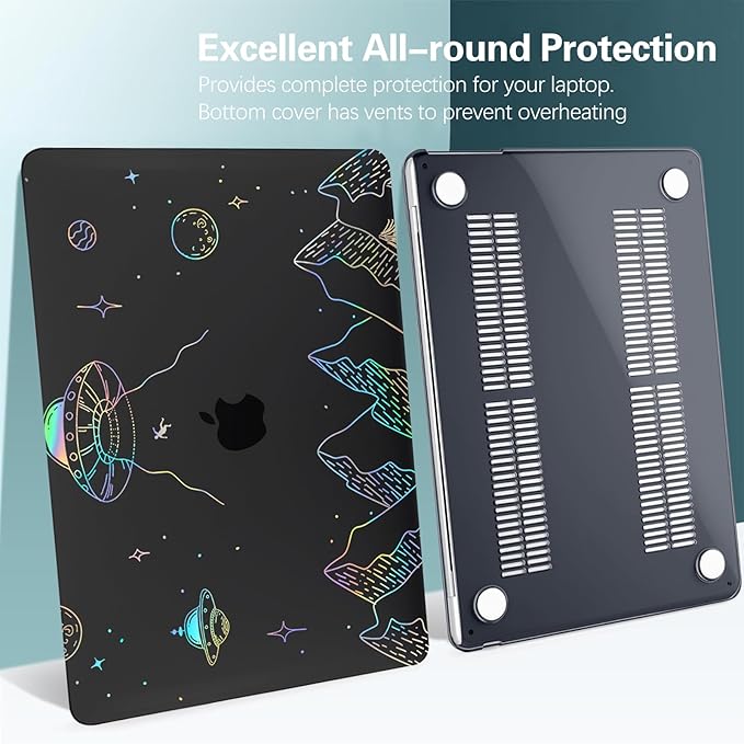 KEROM Clear Black Case for MacBook Air 15 Inch 2025 2024 2023 M4 M3 M2 A3241 A3114 A2941, MacBook Air M4 15 inch Case, Protective Plastic Hard Shell & Keyboard Cover for Mac Air 15, Planet