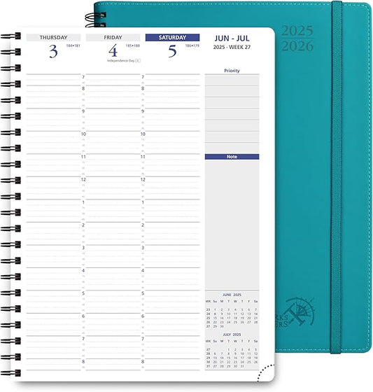 POPRUN 2025-2026 Academic Planner Spiral Bound, 8.5'' x 11.25'' Appointment Book (July 2025-June 2026) Quarter-Hourly Weekly Schedule, Leather Cover, Monthly Tabs, 2 Inner Pockets - Pacific Green