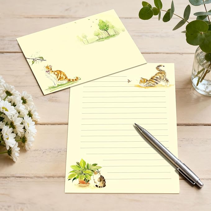 36PCS Cat Theme Stationery Set, Warm Yellow Healing Style Letter Writing Paper with Cute Kitty Illustrations and Envelopes for Letters, Invitations, Holiday Greetings, Party Notes and Gifts