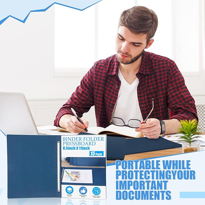 Zhanmai 15 Packs 8.5'' x 11'' Pressboard Report Covers, Metal Prong Fastener with Compressor, Letter Size 3'' Capacity Presentation Report Folder to Neatly Bind Reports, Proposals, Documents(Blue)