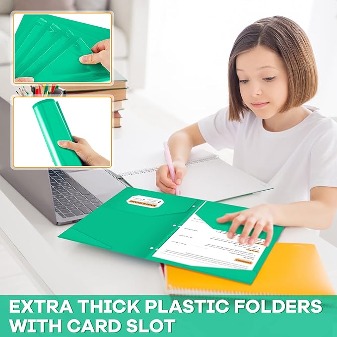 Henoyso 36 Pack Plastic Folders with 3 Holes and 2 Pockets, Green, File Folder