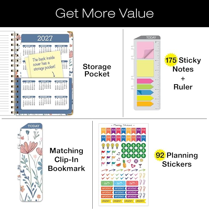 HARDCOVER 2026 Planner, 5.5"x8": 14 Months (November 2025 - December 2026), Daily Weekly Monthly Planner, Yearly Agenda, Bookmark, Pocket Folder and Sticky Note Set (Colorful Botanicals)