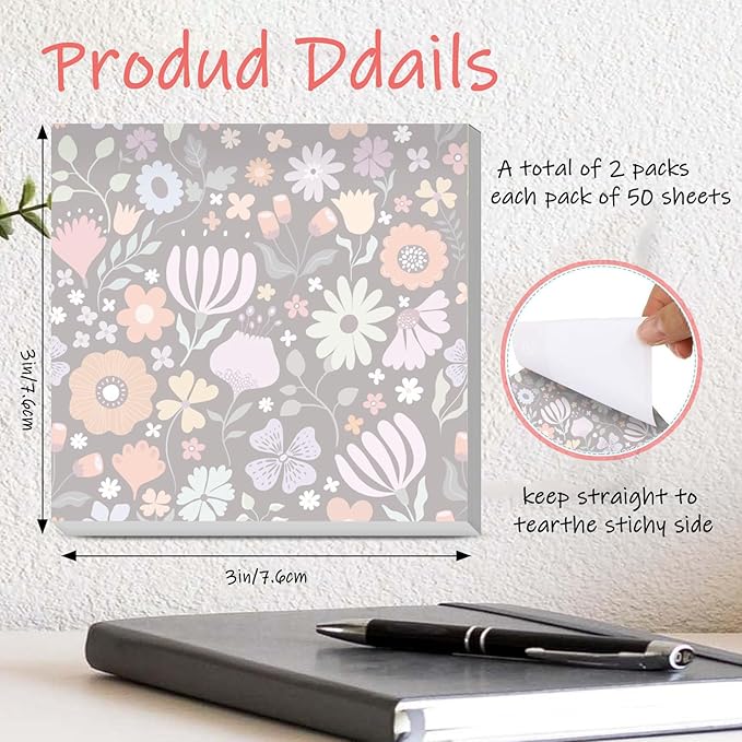 Sticky Notes 3x3 Inches, 2 Pads Cute Colorful Self-Stick Note Pads, Easy to Post for Home, Office and Daily Life Organization Cute Colorful Floral