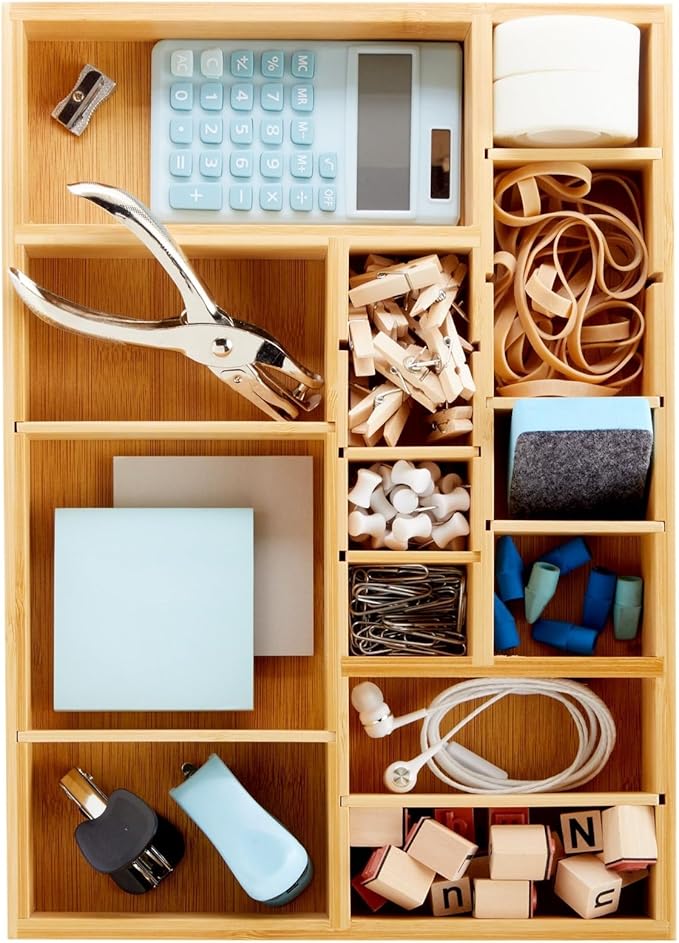 Juvale Drawer Organizer Tray - 8-Slot Drawer Divider for Utensils - Versatile Silverware Holder - Desk Tray for Office Supplies - 14 x 10 x 2 in, Brown, Bamboo
