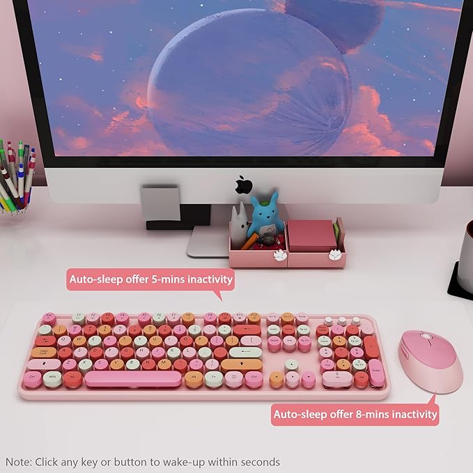Cute Pink Wireless Keyboard and Mouse, 2.4G Retro Round Keycap for PC, Mac, Laptop, Tablet, Computer Windows