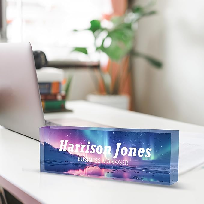 Personalized Name Plate for Desks, Custom Desk Name Plates, Acrylic Name Plate Office Desk Accessories, Personalized Office Gifts for Coworkers Teachers, Employee Appreciation Gifts (B-Purple Aurora)