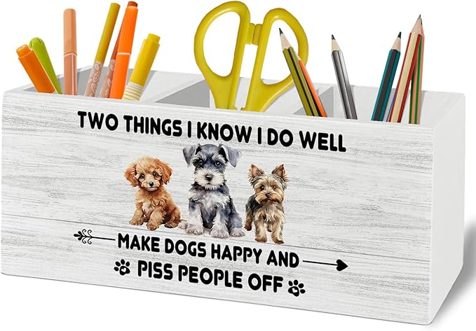 Funny Dog Pen Pencil Holder Organizer for Desk Accessories, Dog Mom Dad Lovers Owner Gifts for Women Men, Pet Lover Gifts Wooden Box Sign Desk Decor for Home Office Decoration
