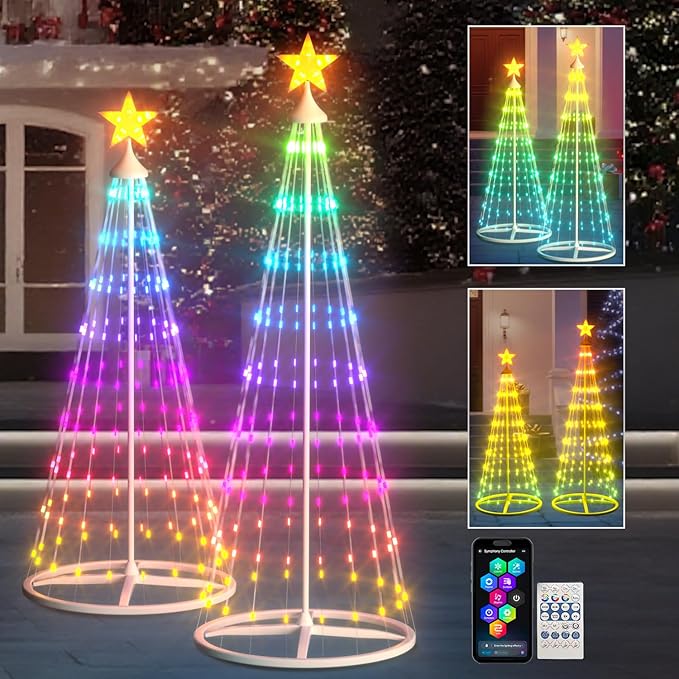 4ft+5ft Smart Outdoor Lighted Christmas Tree Set, 16 Mil Color Changing, Music Sync, Timer, Group Control, RGB Led Christmas Decorations for Indoor Outdoor