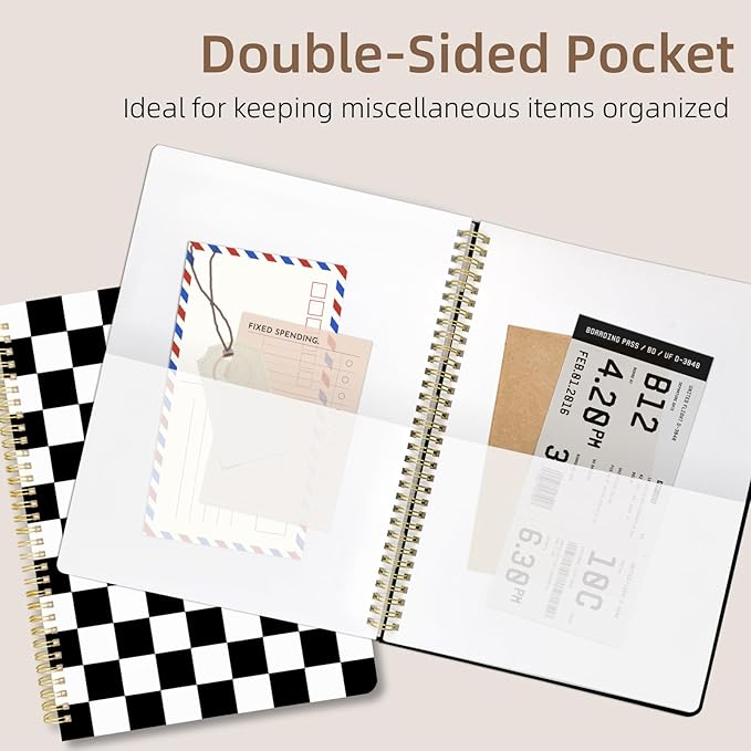 Cute Spiral Notebook journal A4 Aesthetic Pretty Design for Women Girls Kawaii with Pocket, 8.5 x 11 inch, Graph, Black Plaid