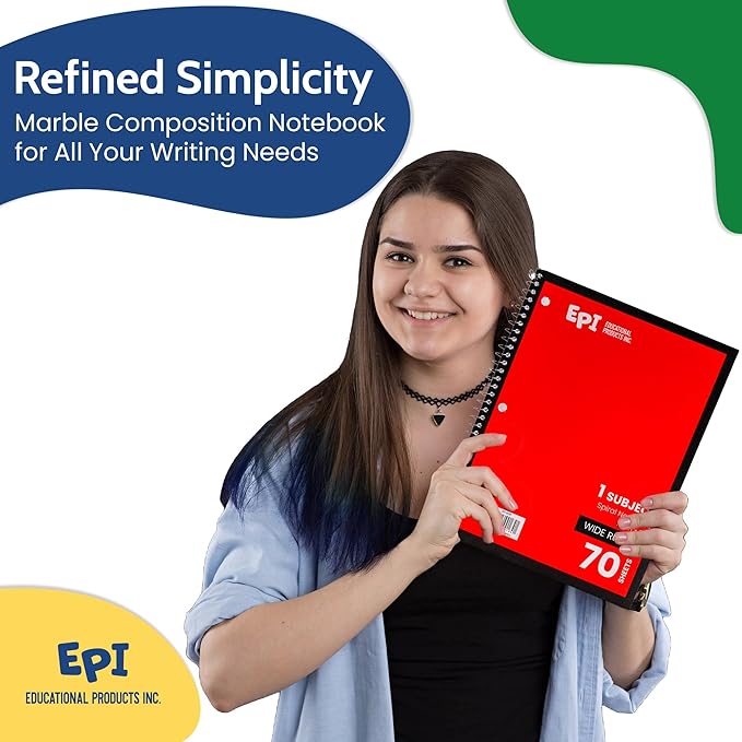 EPI Spiral Notebook | Wide - 70 Sheets, Durable Spiral Binding | 10.5 x 8 in | Classroom Supplies | School, Office, Note Taking, Journaling - 12 Pack