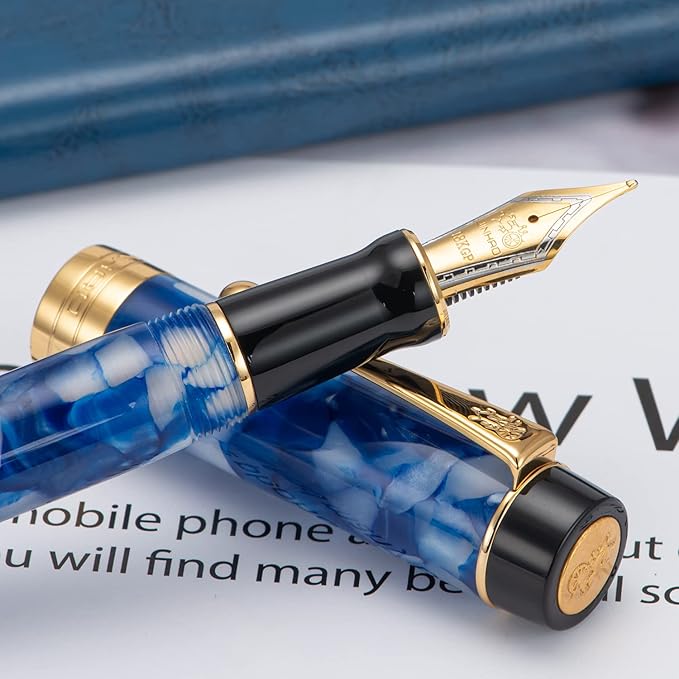 Jinhao 100 Fountain Pen Celluloid Classic Style, #6 Nib Smooth Writing Instrument with Refillable Converter and Pen Case Set