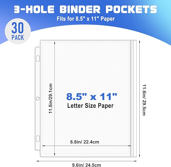 Antner 30 Pack Letter Size Binder Pockets for 3 Ring Binder, Waterproof Resealable Zip Loose Leaf File Bags Document Organizer Folders Insert Page Sleeves PVC 3-Hole Sheet Protectors for 8.5x11 Paper