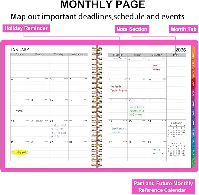 2026 Planner Weekly and Monthly, 2026 Academic Year (January 2026 - December 2026) Calendar wirh Tabs, Agenda Book for School Student, Teachers, Office Supplies,Home, 6" x 8.5" (Pink JAN2026-DEC2026)
