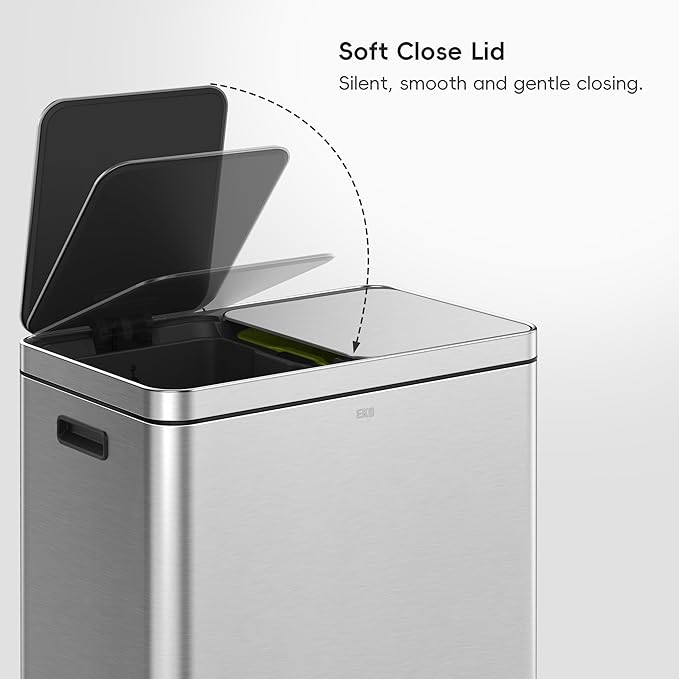 EKO Edison Dual Trash Can for Recycling and Trash, 8+8 Gallons Kitchen Garbage Can with Dual Removable Inner Liners, Independent Lids and Pedals, Matte Stainless Steel
