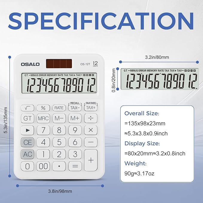 Pendancy Pocket Small Size Desk Calculator, 12 Digit Large LCD Display, Basic Tax Function Handheld Desktop Calculator with Solar Battery Dual Power, for Office, School, Business OS-12T (White)