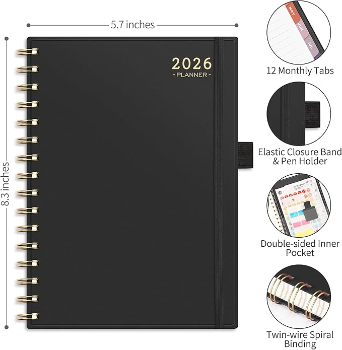 RETTACY 2026 Planner, Weekly and Monthly, Medium Size (5.7" x 8.3"), Jan - Dec 2026, Agenda, Calendar, 12 Month Tabs, Flexible Plastic Cover, 100 GSM Thick Paper, Spiral-bound (Black)