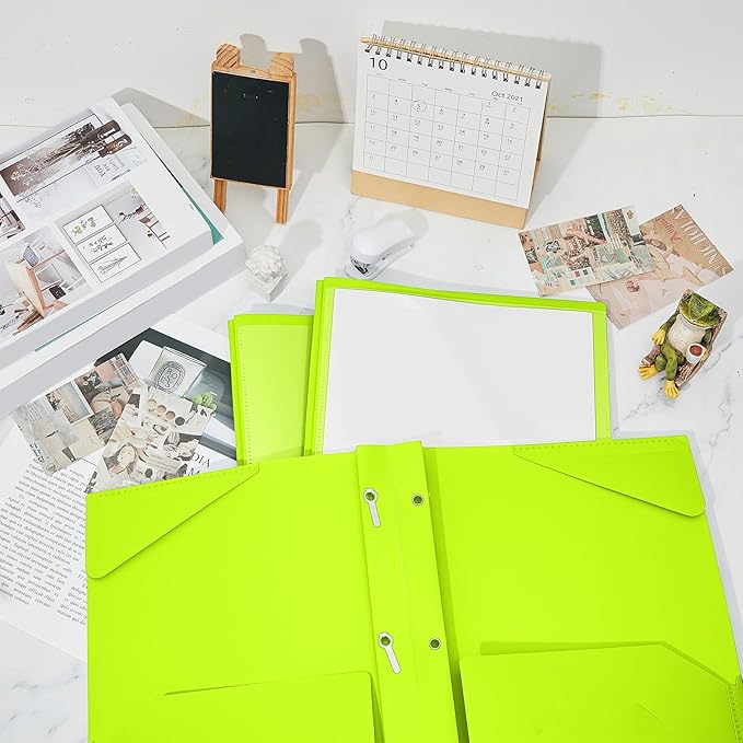 Henoyso 36 Pcs Plastic Folder with Clear Front Pocket and 3 Prong Plastic Folders with Card Slot Pocket Folders with Prongs for School Office (Fluorescent Green)
