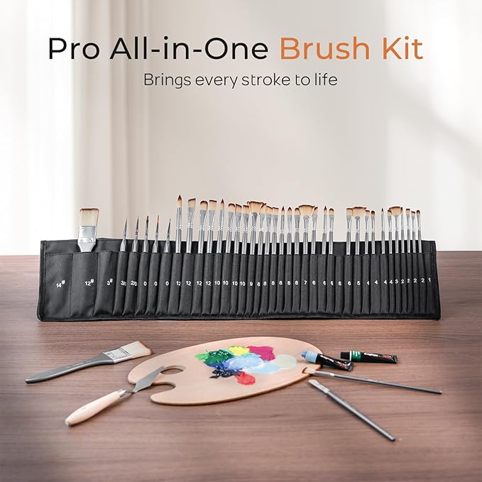 Nicpro 40 PCS Paint Brush Set, Professional Acrylic Paint Brushes with Palette Knife and Canvas Roll, Suitable for Acrylic Painting, Oil, Watercolor, Gouache, Art Supplies Painter Gifts for Artist
