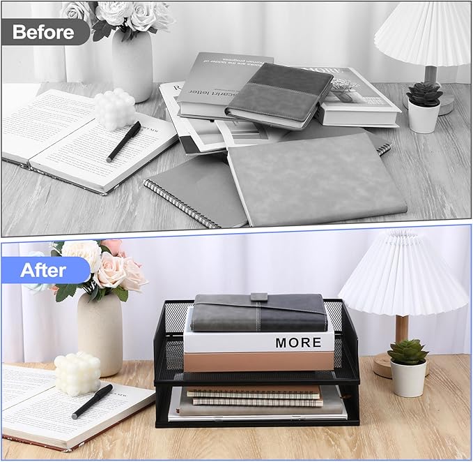 2 Pack Stackable Letter Tray, Wire Mesh Desk File Organizer Metal Desktop Paper Sorter Desk Tray Document Magazine Storage Basket for Home Office Supplies - Transverse Load, Black