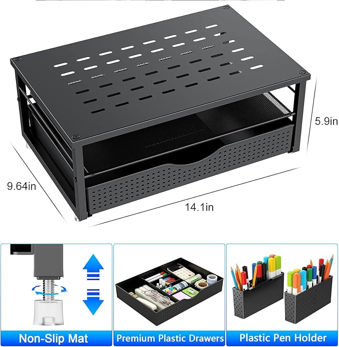 gianotter Desk Organizers and Accessories, Monitor Stand with Drawer and 2 Pen Holder, Desktop Organizer Suitable for Offices and Dormitories (Black)