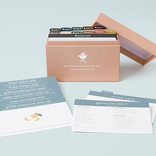 Meal Planner with 72 Recipe Cards (Summer Menu) - Weekly Menu Planner | Sturdy Recipe Box | 12 Reusable Grocery Shopping Lists | 5 Blank Recipe Cards | Recipe Card Protector | Recipe Ideas