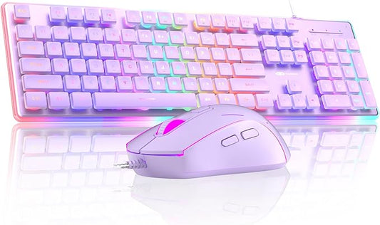 Camiysn Creamy Gaming Keyboard and Mouse, Purple 104 Keys RGB and 6 Speed RGB Mouse Combo, Pudding Keycaps Silent Computer Keyboard for Computer/PC/Laptop/Mac/Windows/Office