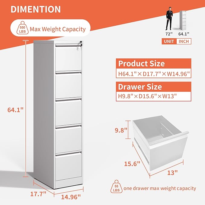 5 Drawer File Cabinet,Metal Filing Cabinets for Home Office,Vertical File Cabinet with Lock,Heavy Duty Metal Storage Cabinet for A4/Letter/Legal Size Files,Assembly Required