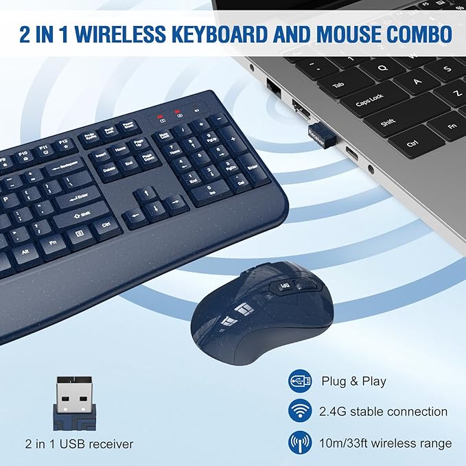 Wireless Keyboard and Mouse Combo, Full-Sized 2.4GHz Wireless Keyboard with Comfortable Palm Rest and Optical Mouse for Windows, Mac OS PC/Desktops/Computer/Laptops (Starry Blue)