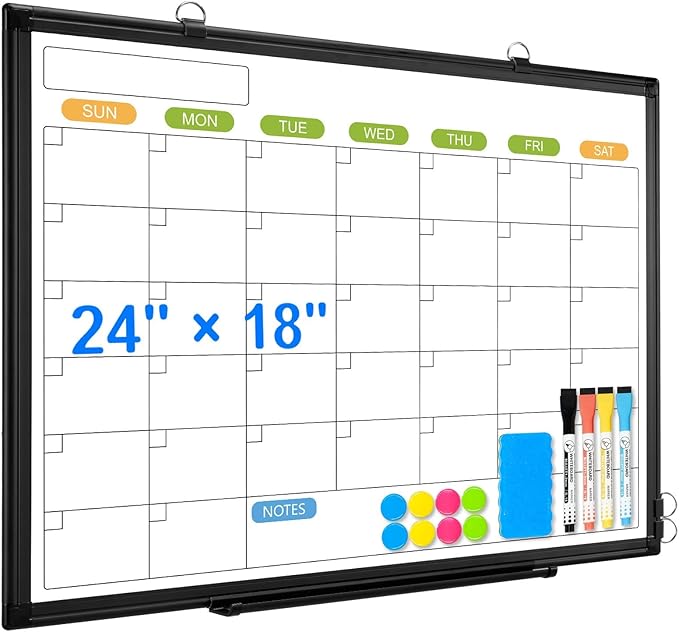 Dry Erase Calendar Whiteboard for Wall, 24" x 18" Magnetic Monthly White Board Calendar with Black Aluminum Frame, Double-Sided Hanging Dry Erase Board for Office, Home, School