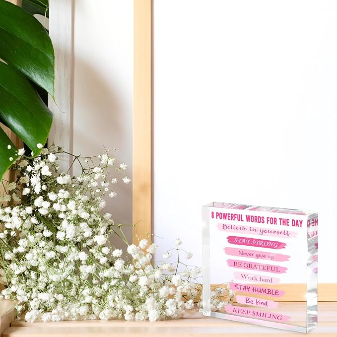 Pink Motivational Desk Decoration, 4x4 Inches Pink Acrylic, 8 Daily Motivational Phrases, Suitable For Desks, Home Decoration And Dressing Tables, A Positive Gift For Women