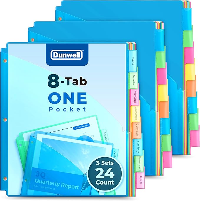 Dunwell 8-Tab Dividers with Pocket for 3-Ring Binders (3 Sets, 24 Count), Plastic One Pocket Dividers with Tabs, Slash File Jackets 3 Hole Punched for 8.5x11 Paper, Poly Pocket Notebook Dividers