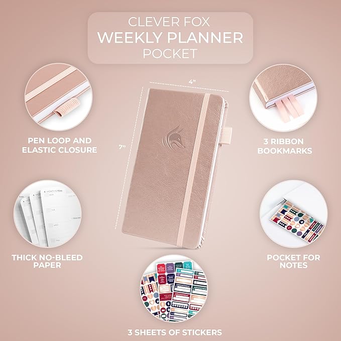 Clever Fox Pocket Planner Weekly – Undated Monthly Goal Planner and Calendar, Mini Planner Perfect for Purse, 3.7x6.7" (Rose Gold)