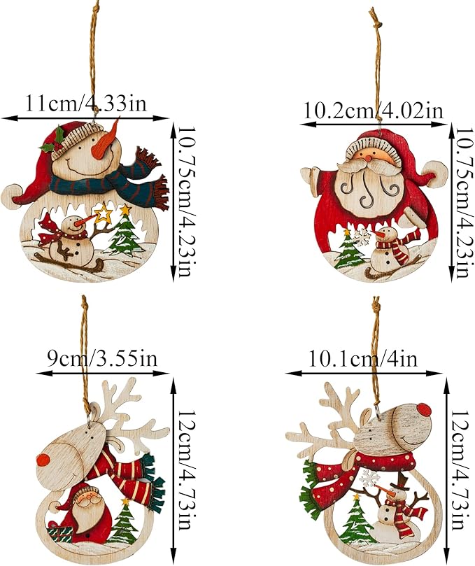 Christmas Ornaments Set 8-Pack, Retro Xmas Tree Hanging Ornaments, Wooden Santa Snowman Xmas Reideer Ornaments for Tree Holiday Decorations, Outdoor Holiday Home Decorations