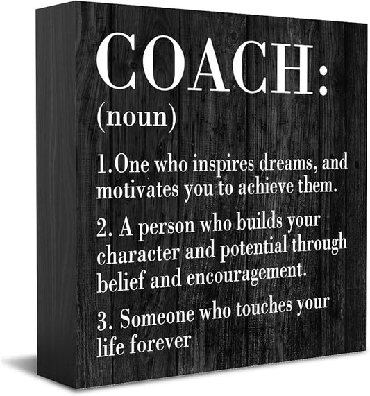 HTBIG Inspirational Coach Noun Coach Gifts Desk Decor Wooden Box Sign Rustic Black Wood Block Plaque Box Sign for Coach Mentor Trainer Tutor Home Office Desk Shelf Table Decoration Coach send friends