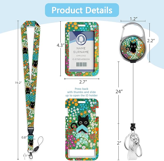 Gctriki Lanyards for Id Badges and Keys, Black Cat Flower Id Badge Holder, Cute Retractable Heavy Duty Badge Reel with 360 Degrees Rotate Carabiner Clip, Teacher Nurse Doctor Women Office Gifts