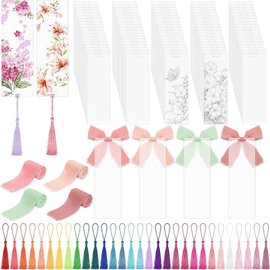 100 Pieces Acrylic Bookmark Blanks, Clear Acrylic Bookmarks with 30 Pieces Tassels and 4 Rolls Chiffon Silk Ribbon, Transparent DIY Bookmarks for Book Lover Crafts Present Tag Reading Accessories